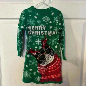 Merry Christmas Cat Knit Long Sleeved Girls Dress, Size Kids Small GUC Holiday